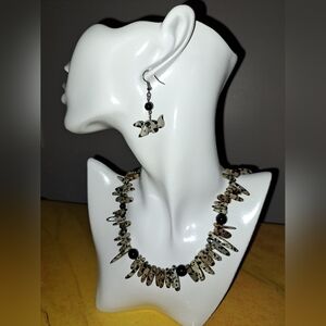 Gemstone Dalmatian Stone and Onyx Necklace and Squirrel Fetish Earring Set